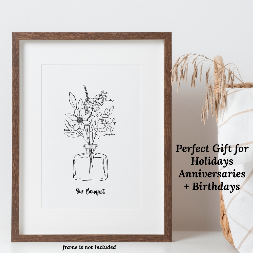 Birth Flower Bouquet Sketched Unframed Print | Up to 6 Flowers