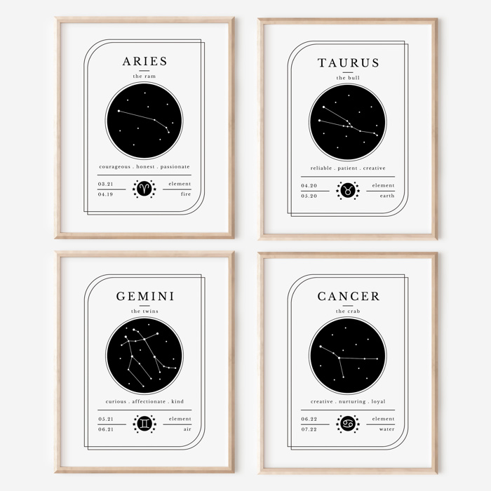 Zodiac Prints | Black & White Horoscope Unframed Art