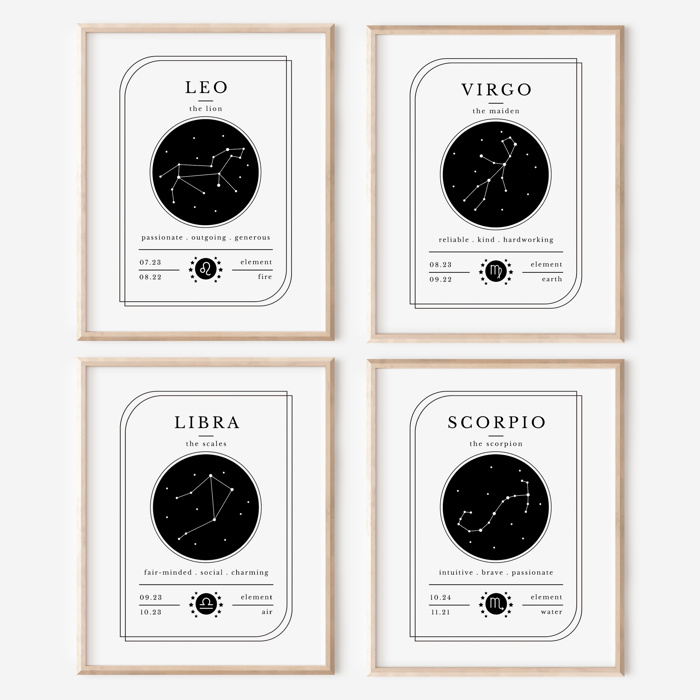 Zodiac Prints | Black & White Horoscope Unframed Art