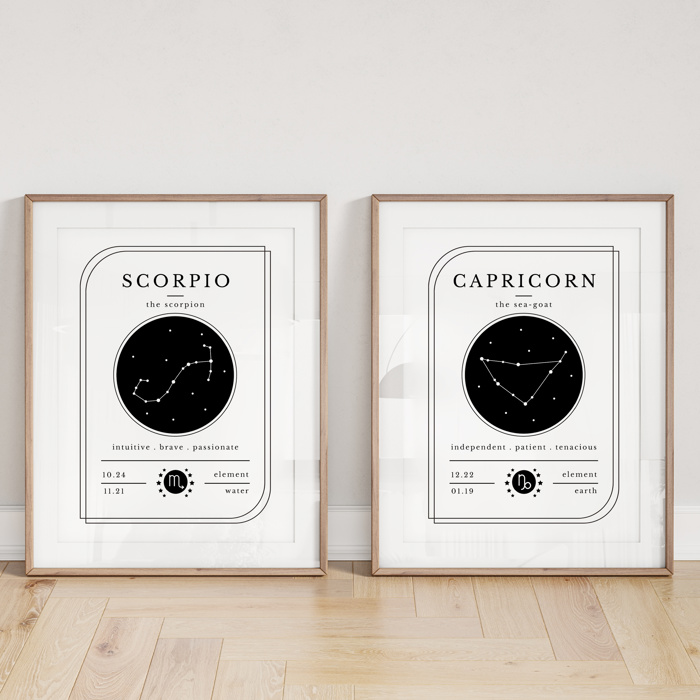 Zodiac Prints | Black & White Horoscope Unframed Art