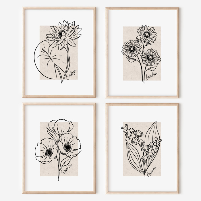 Personalized Birth Flower Print | Unframed Antique Style Accent Art