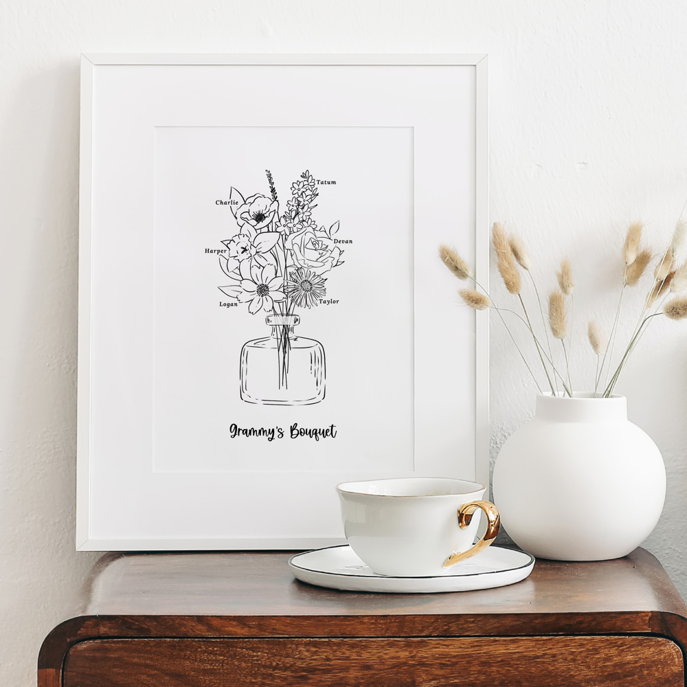 Birth Flower Bouquet Sketched Unframed Print | Up to 6 Flowers