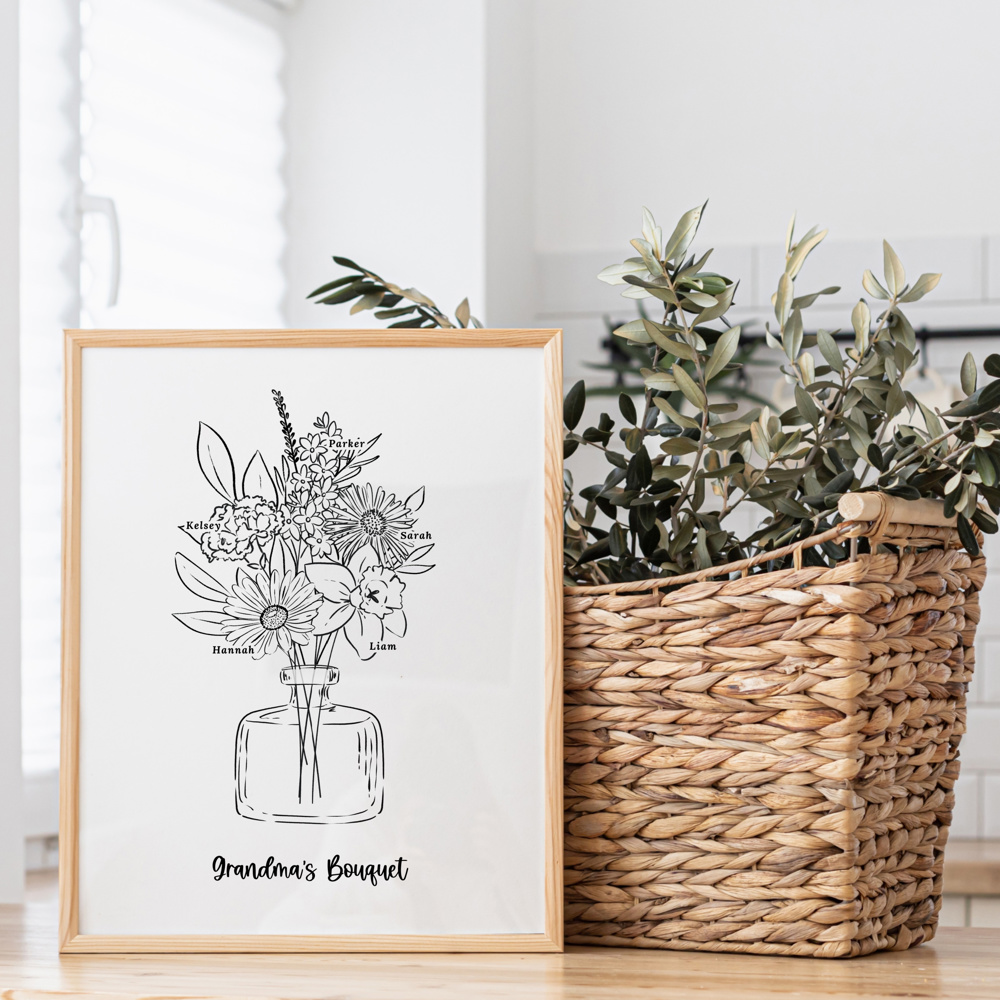 Birth Flower Bouquet Sketched Unframed Print | Up to 6 Flowers