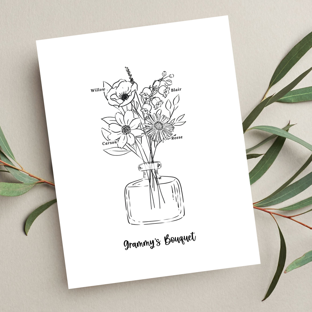 Birth Flower Bouquet Sketched Unframed Print | Up to 6 Flowers