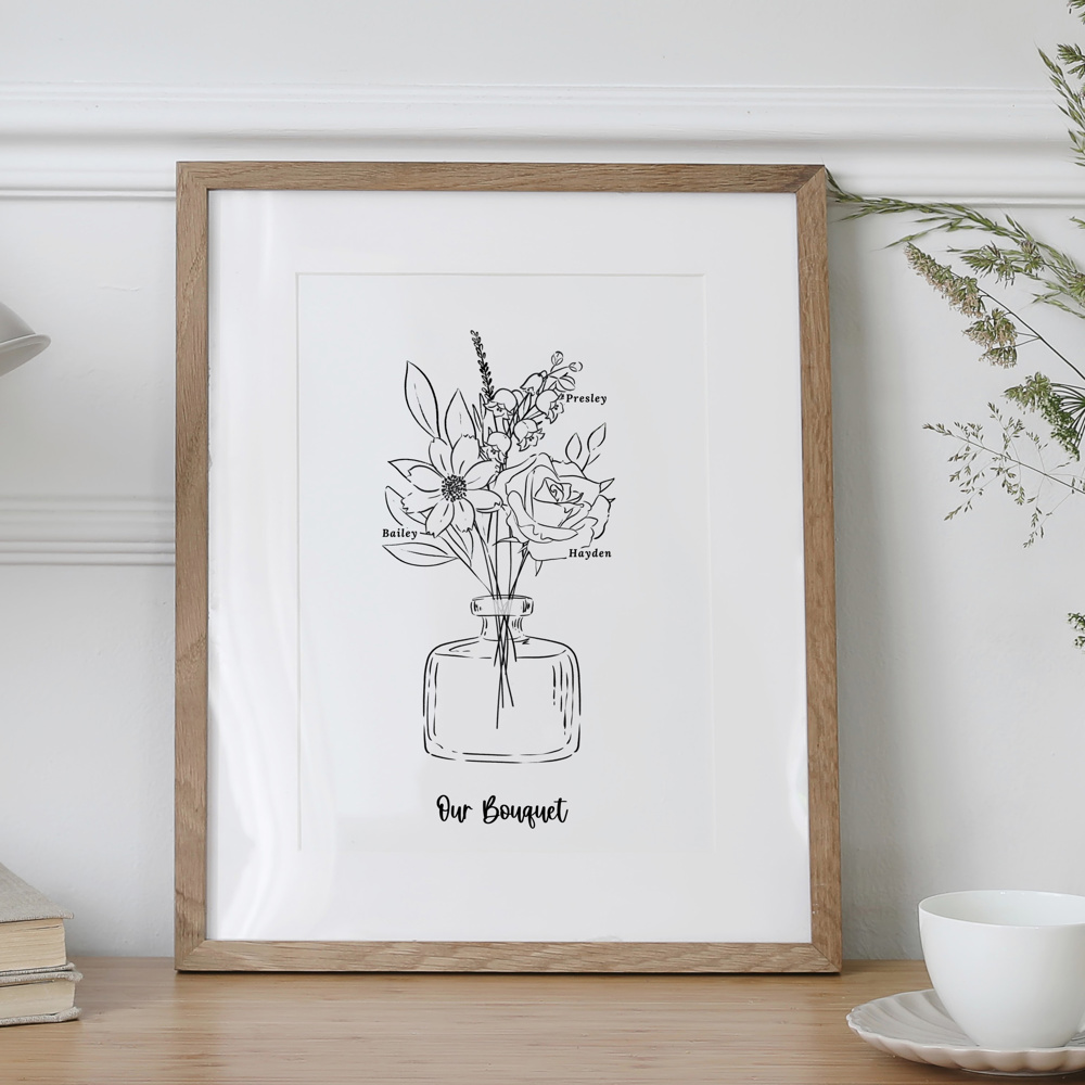 Birth Flower Bouquet Sketched Unframed Print | Up to 6 Flowers