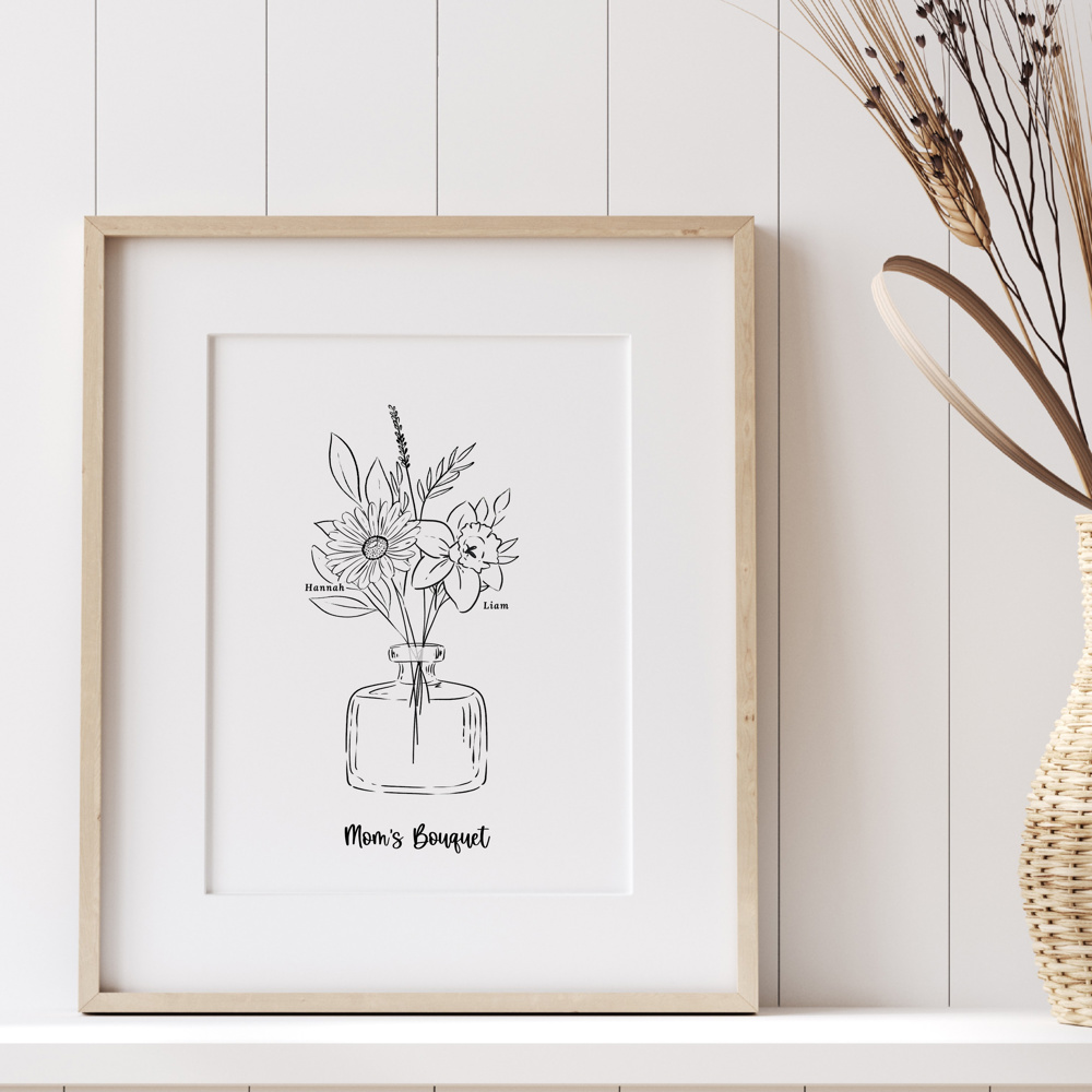 Birth Flower Bouquet Sketched Unframed Print | Up to 6 Flowers