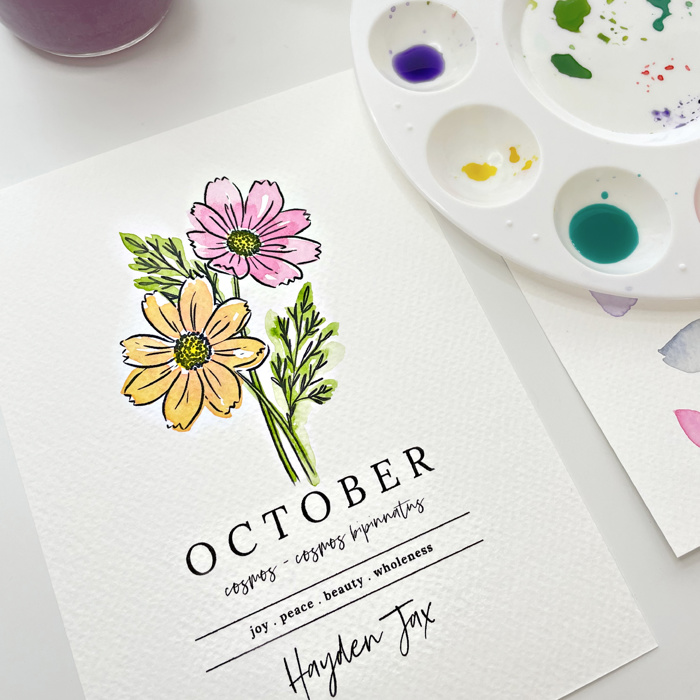 Hand Painted Birth Flower Personalized Name | Watercolor Floral Art