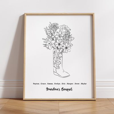 Birth Flower Sketched Boot Bouquet | Add up to 8 Flowers