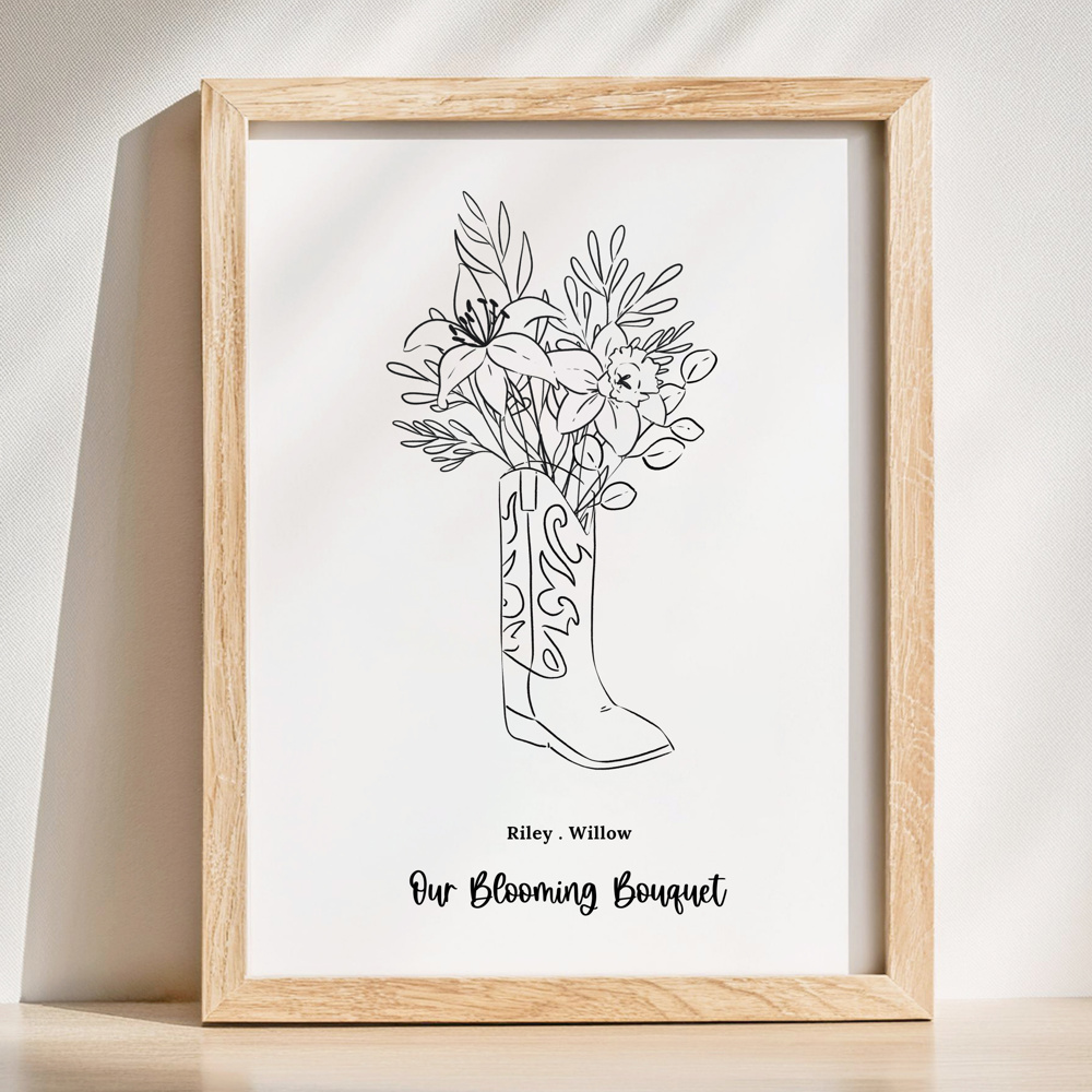 Birth Flower Sketched Boot Bouquet | Add up to 8 Flowers