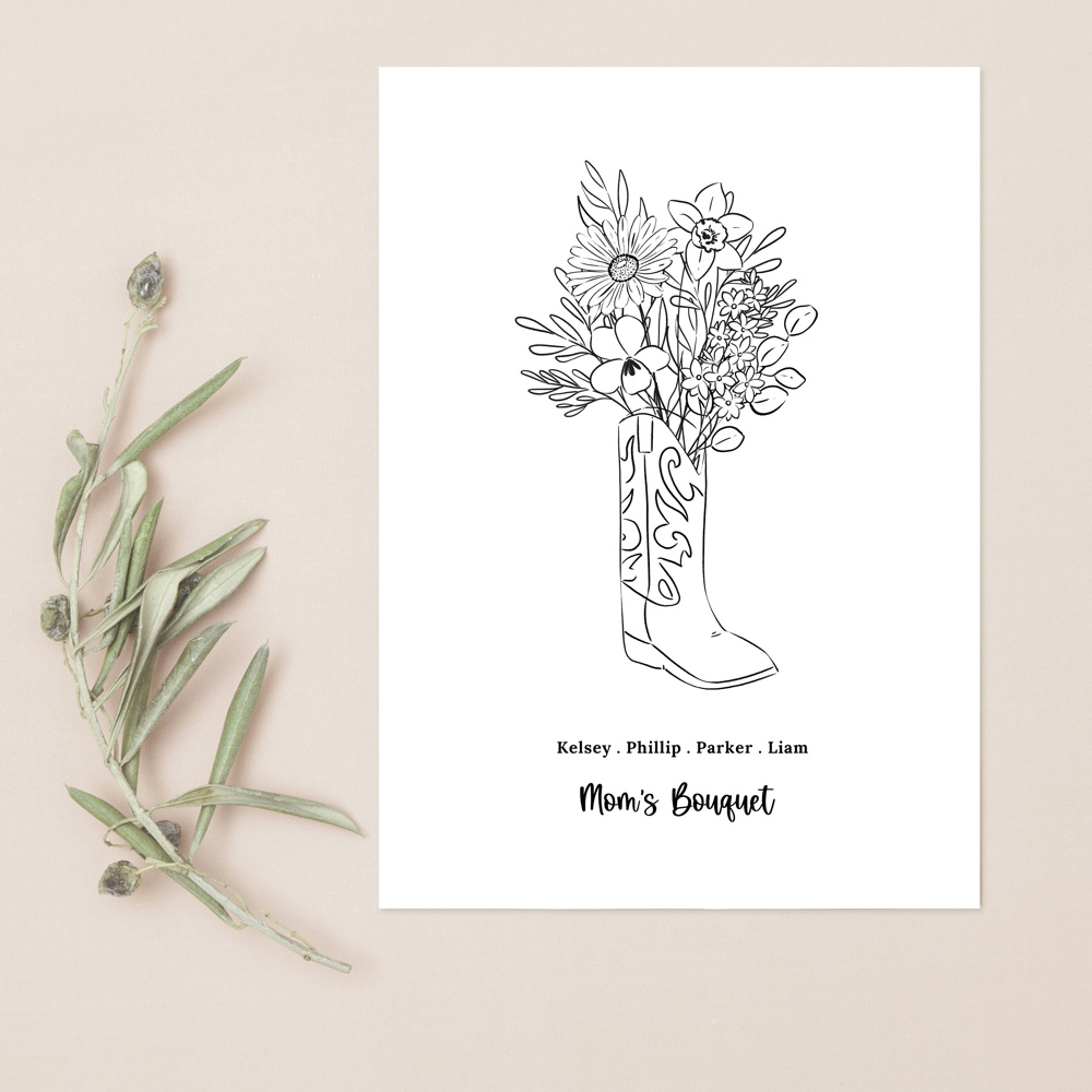 Birth Flower Sketched Boot Bouquet | Add up to 8 Flowers