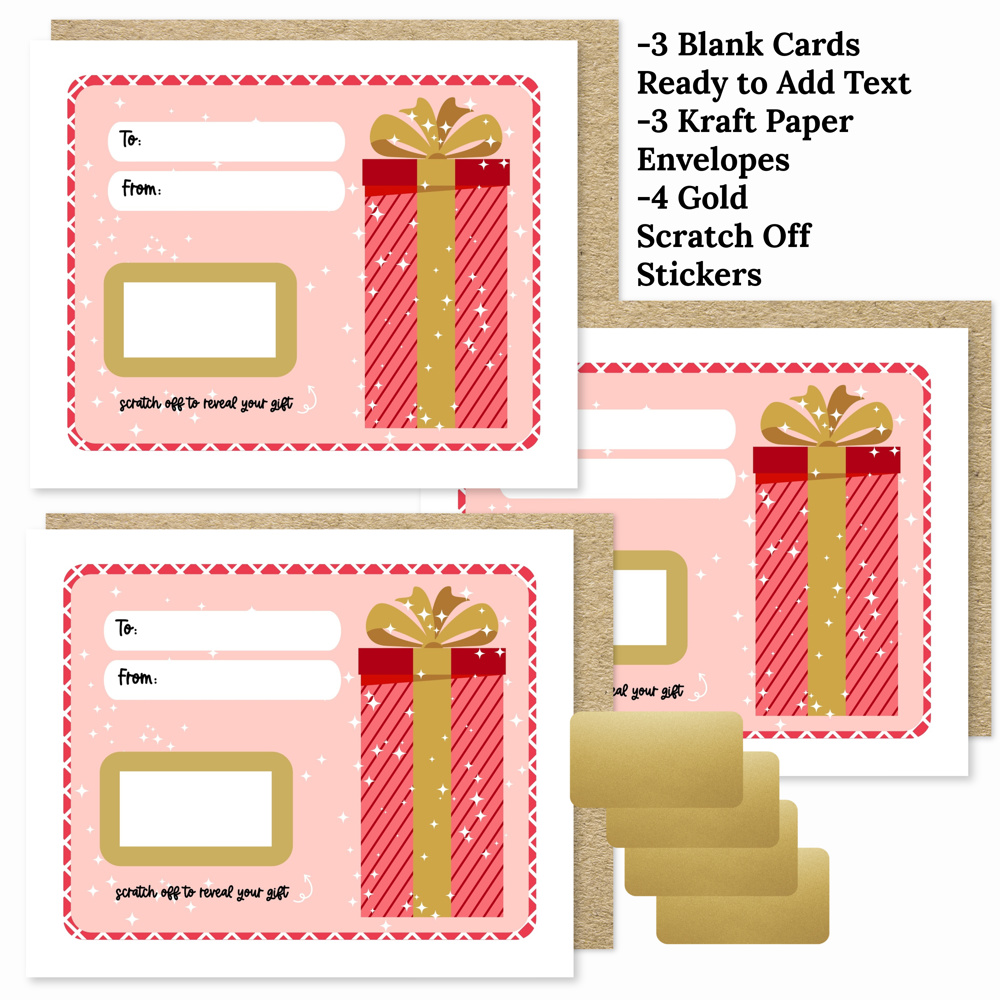 3 PK Scratch Off Christmas Holiday Gift Cards + Envelopes