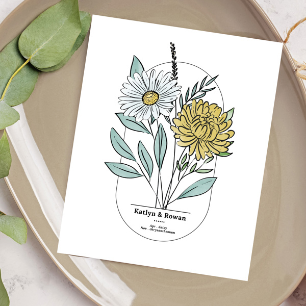 Couples Birth Flower Bouquet Art Print | Personalized Wedding Gift