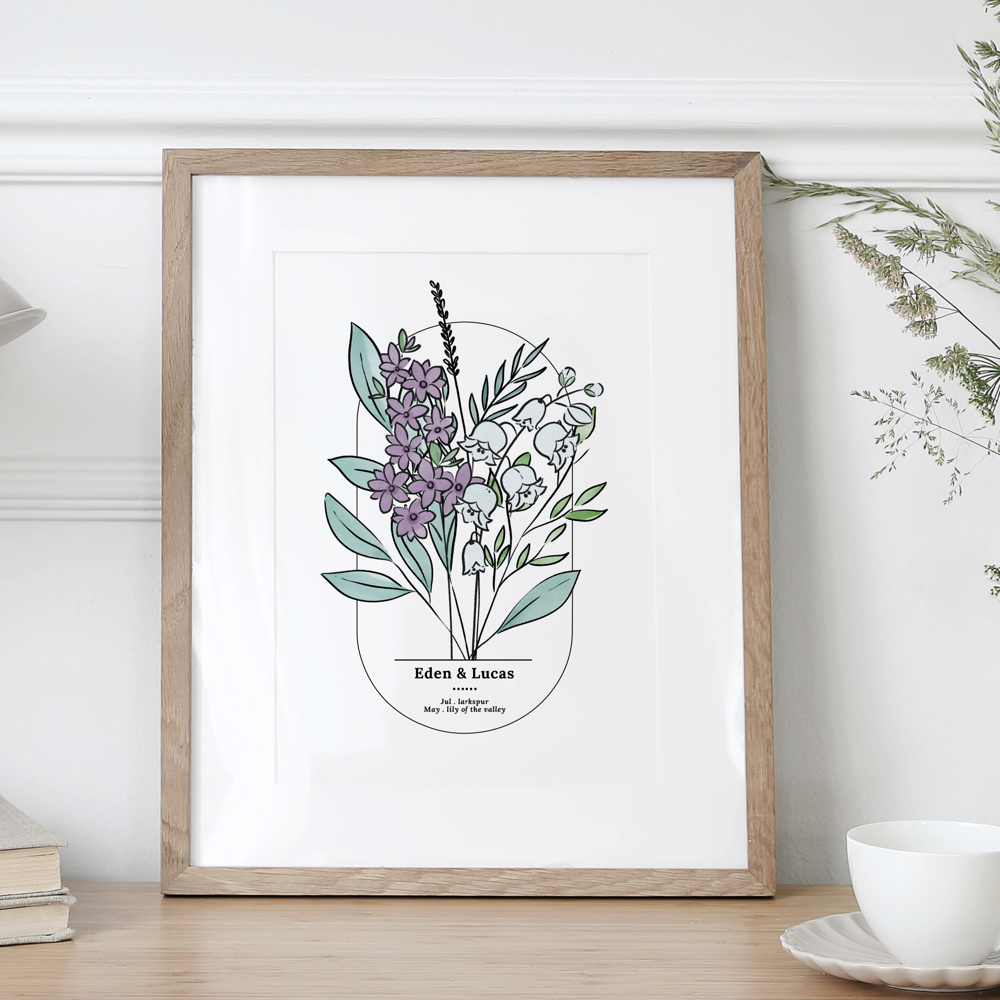 Couples Birth Flower Bouquet Art Print | Personalized Wedding Gift