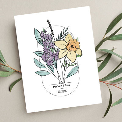 Couples Birth Flower Bouquet Art Print | Personalized Wedding Gift