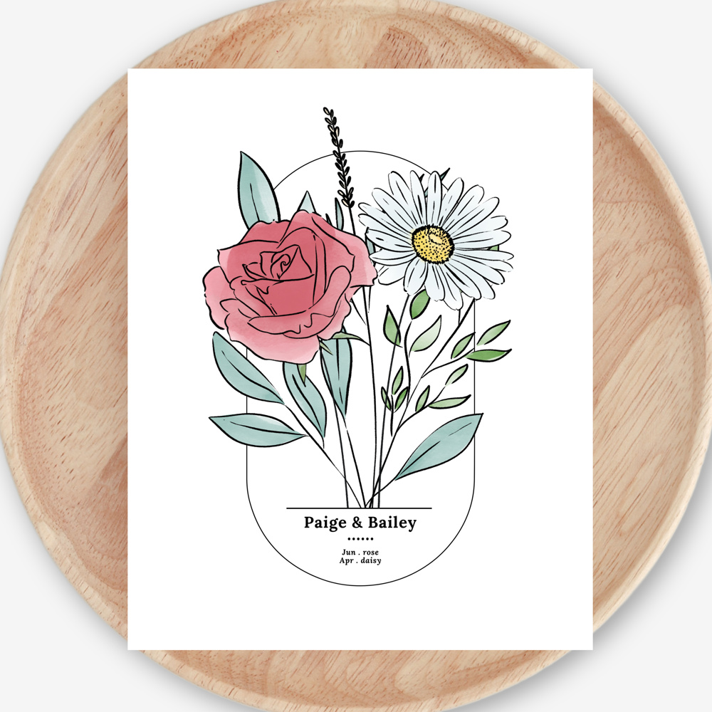 Couples Birth Flower Bouquet Art Print | Personalized Wedding Gift