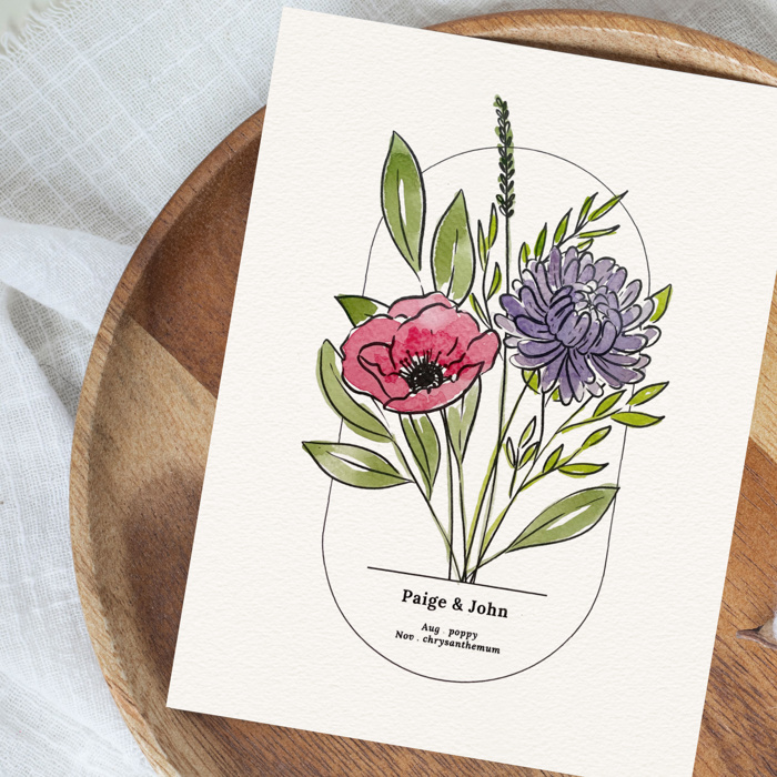 Hand Painted Couples Birth Flower Bouquet | Personalized Watercolor Wedding Gift