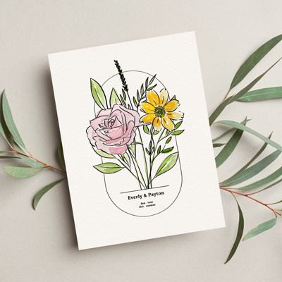 Hand Painted Couples Birth Flower Bouquet | Personalized Watercolor Wedding Gift