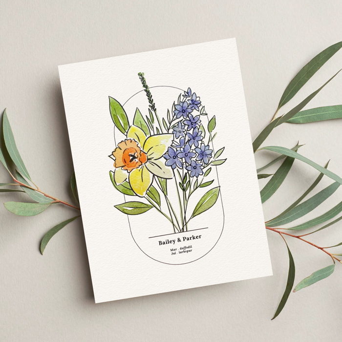 Hand Painted Couples Birth Flower Bouquet | Personalized Watercolor Wedding Gift