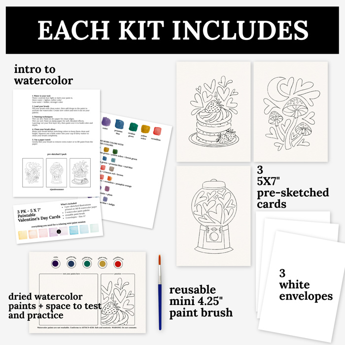 3 PK Paintable 5X7" Valentine's Day Cards + Envelopes | Watercolor Paint Kit
