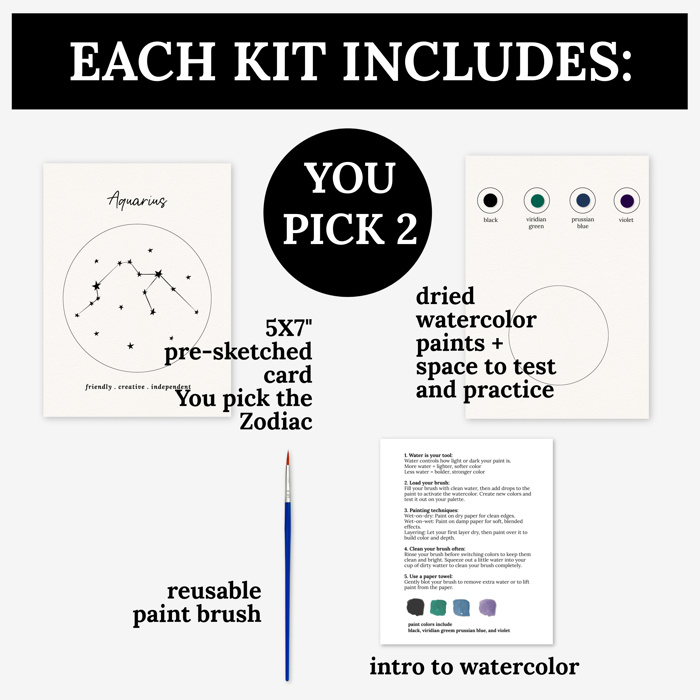 2 PK Couples Zodiac Star Chart Paint Kits | 2 Pre-Sketched 5X7 in Cards with Brush and Watercolor Paints for Date Night