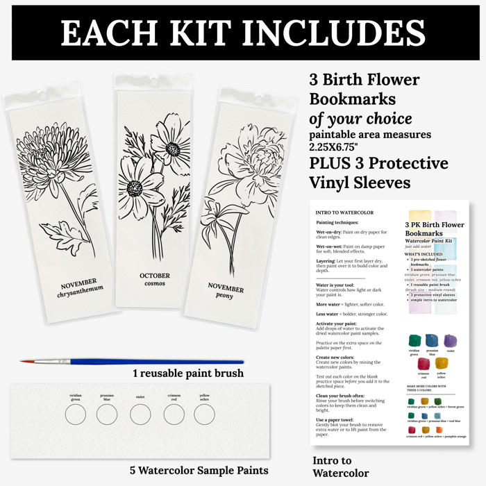 3 PK Birth Flower Bookmark Watercolor Paint Kit | Floral Outline, Brush, Palette with Vinyl Sleeves