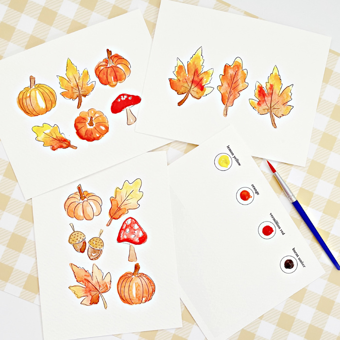 Fall Mini Watercolor Paint Kit | 3 Pre-Sketched Autumn Art Set with Paints & Brush