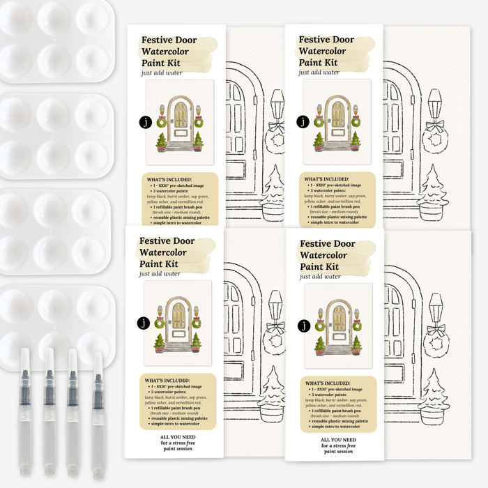 Festive Door Watercolor Paint Kit | Pre Sketched Art Kits in Bulk for Paint Party 
