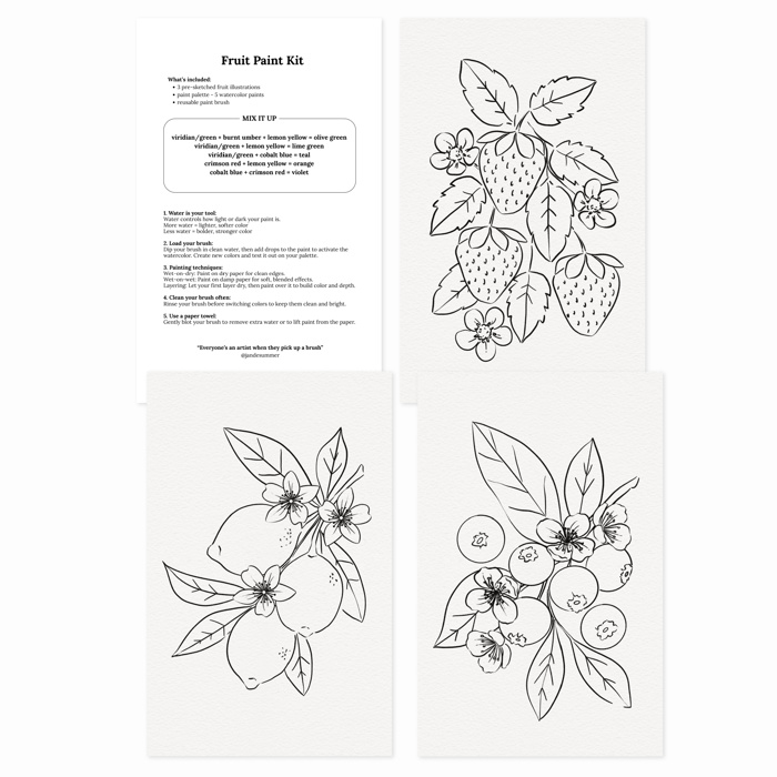 Fruit Watercolor Paint Kit | 3 Sketches, Brush & Palette