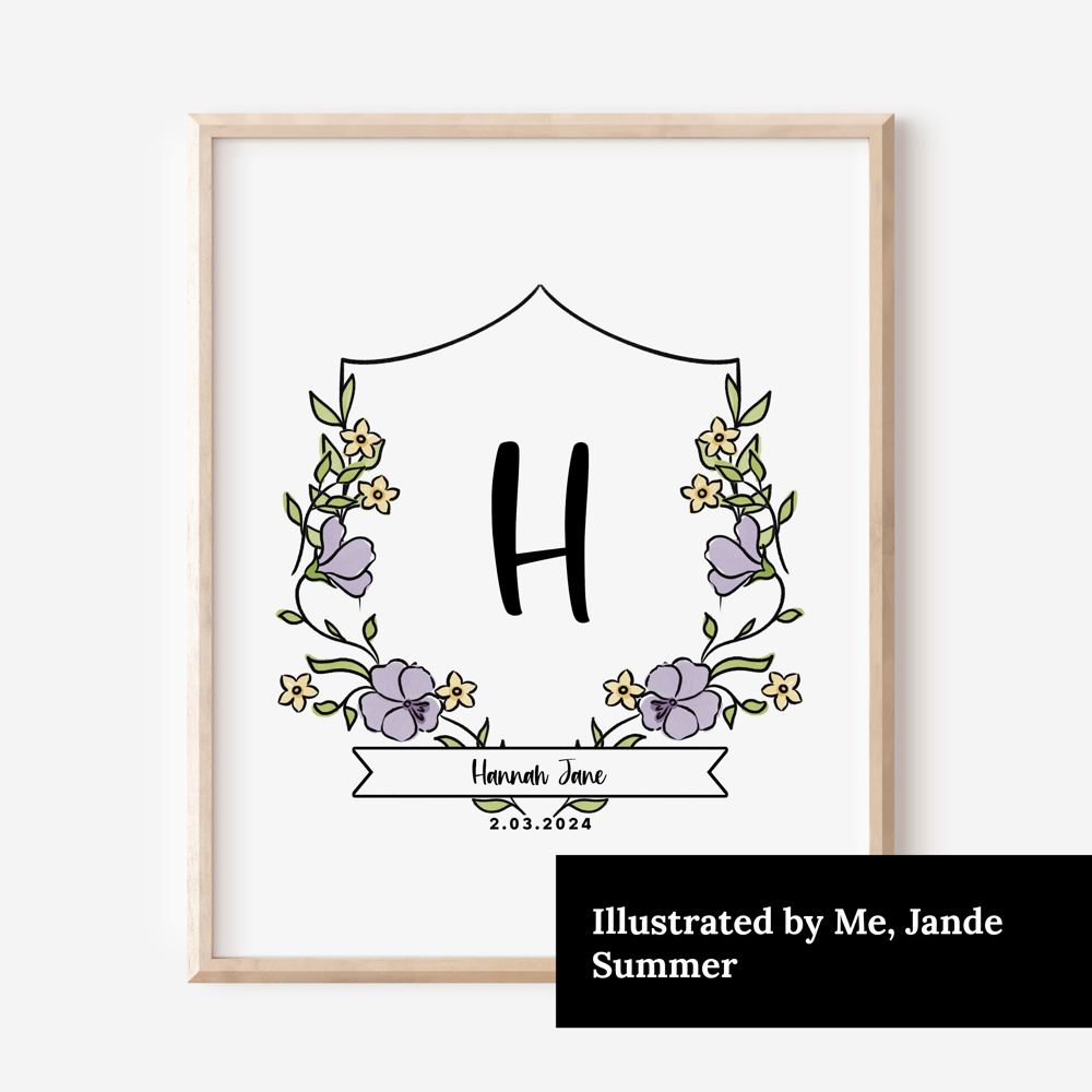 Birth Flower Initial Crest Print | Custom Name Monogram Art 