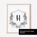  Birth Flower Initial Crest Print | Custom Name Monogram Art 