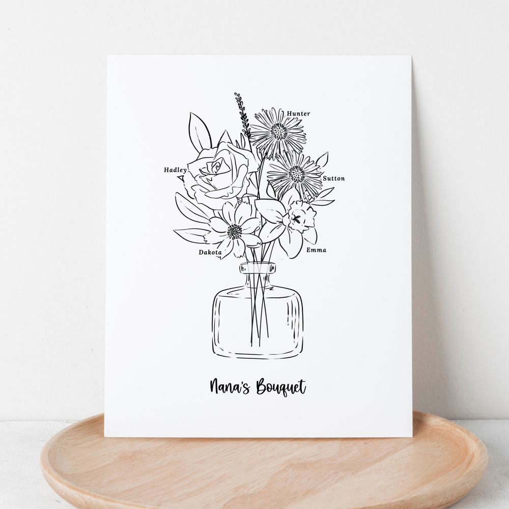 Birth Flower Bouquet Sketched Unframed Print | Up to 6 Flowers