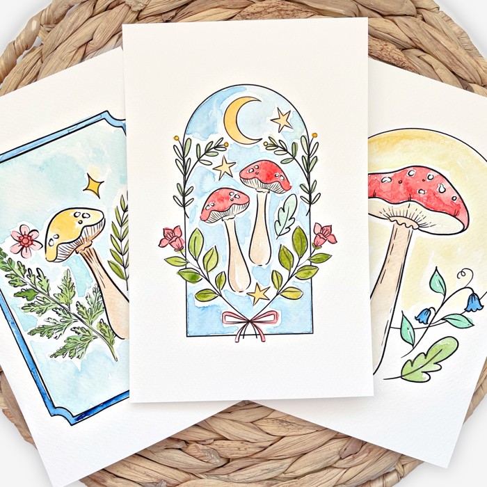 Mushroom Watercolor Paint Kit | 3 Mushroom Sketches, Brush & Palette
