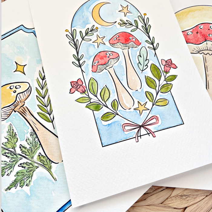 Mushroom Watercolor Paint Kit | 3 Mushroom Sketches, Brush & Palette