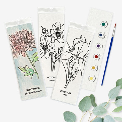 3 PK Birth Flower Bookmark Watercolor Paint Kit | Floral Outline, Brush, Palette with Vinyl Sleeves