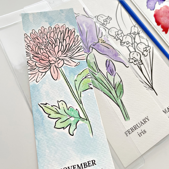 3 PK Birth Flower Bookmark Watercolor Paint Kit | Floral Outline, Brush, Palette with Vinyl Sleeves