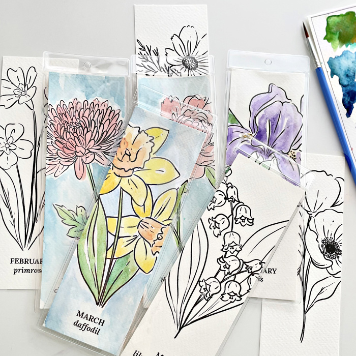 3 PK Birth Flower Bookmark Watercolor Paint Kit | Floral Outline, Brush, Palette with Vinyl Sleeves