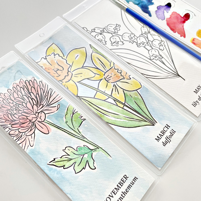 3 PK Birth Flower Bookmark Watercolor Paint Kit | Floral Outline, Brush, Palette with Vinyl Sleeves