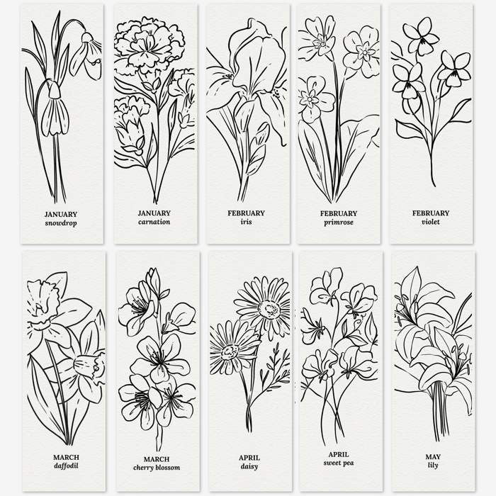 3 PK Birth Flower Bookmark Watercolor Paint Kit | Floral Outline, Brush, Palette with Vinyl Sleeves