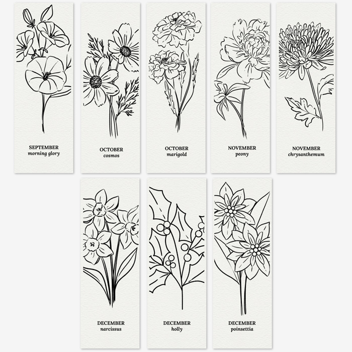 3 PK Birth Flower Bookmark Watercolor Paint Kit | Floral Outline, Brush, Palette with Vinyl Sleeves