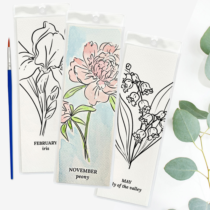 3 PK Birth Flower Bookmark Watercolor Paint Kit | Floral Outline, Brush, Palette with Vinyl Sleeves