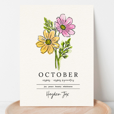 Hand Painted Birth Flower Personalized Name | Watercolor Floral Art