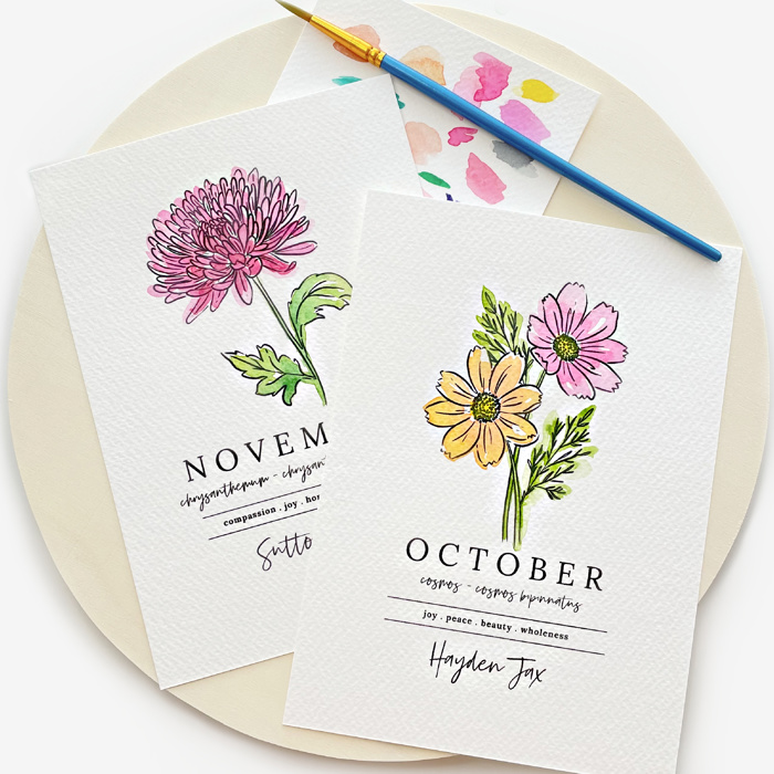 Hand Painted Birth Flower Personalized Name | Watercolor Floral Art