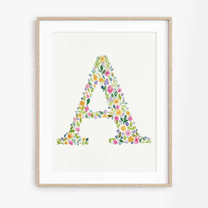 Hand Painted Wildflower Letter Art Monogram Floral Watercolor Print