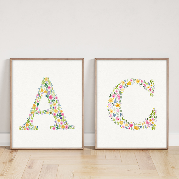 Hand Painted Wildflower Letter Art Monogram Floral Watercolor Print