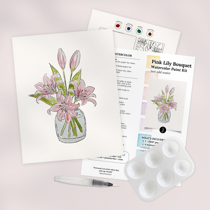Pink Lily Bouquet Watercolor Paint Kit | Just Add Water, All In One Art Set