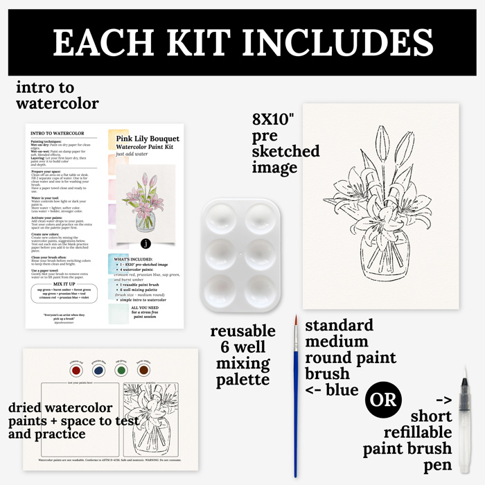 Pink Lily Bouquet Watercolor Paint Kit | Just Add Water, All In One Art Set