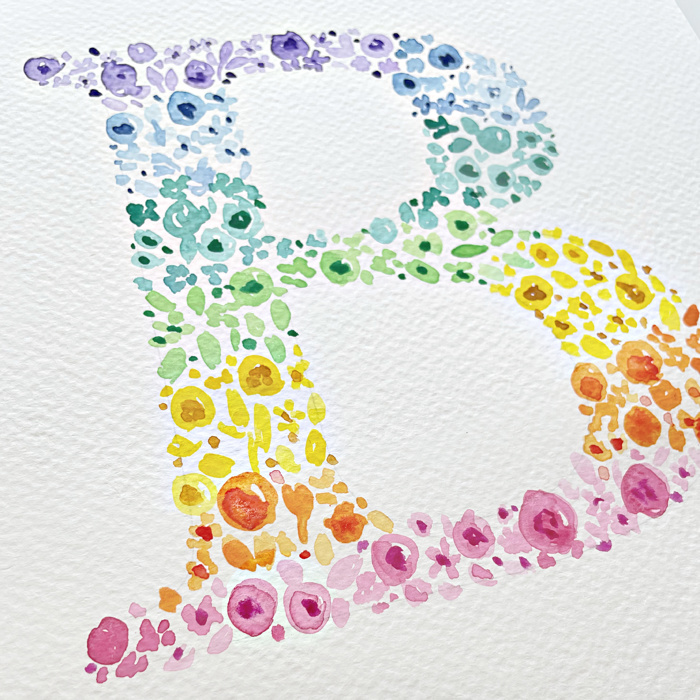 Hand Painted Rainbow Letter Art Print | Custom Initial Wildflower Monogram 