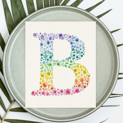 Hand Painted Rainbow Letter Art Print | Custom Initial Wildflower Monogram 