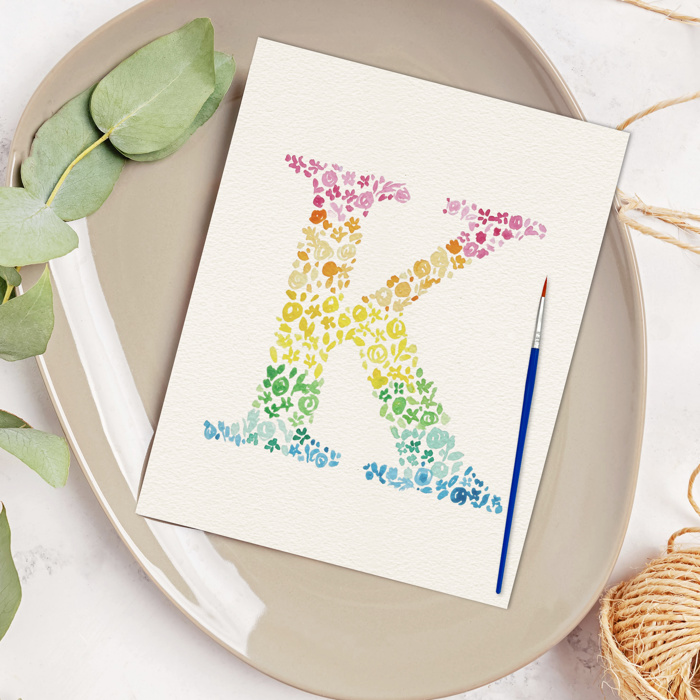 Hand Painted Rainbow Letter Art Print | Custom Initial Wildflower Monogram 