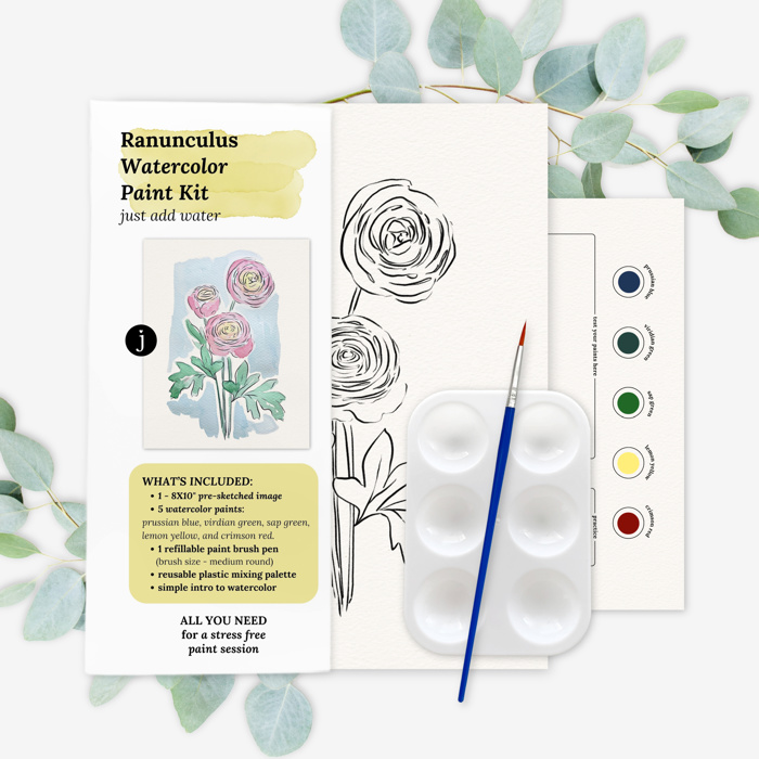 Ranunculus Watercolor Paint Kit | Just Add Water Pre-Sketched Art Set Gift